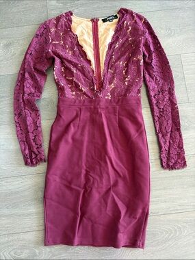 Lace Bodice Deep Wine Sheath Dress